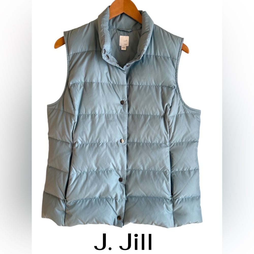 J.Jill-Large down-filled slate blue puffer vest. Snap front/Zip pockets. EUC!!!